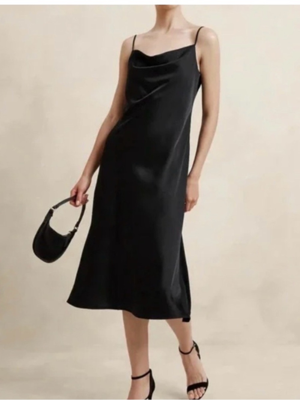 Black Slip Midi Dress with Cowl Neck